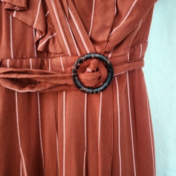Three Floor Margaux Burgundy Rust Striped Sleeveless Ruffle Belted Jumpsuit Sz 8 - Picture 12 of 12